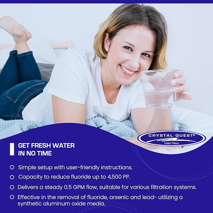 Crystal Quest Aluminum Oxide Fluoride Reduction Filter Cartridge, 2-7/8” x 9-3/4, Advanced Media, 0.5 GPM Flow Rate, Reduces Fluoride Up to 4,500 ppm, Long-Lasting, Easy Installation & Maintenance