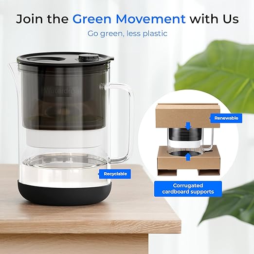 Waterdrop Large Glass Water Filter Pitcher, Eco-Friendly, with 1 NSF 53&42&372 Certified Filter, 10-Cup, Reduces PFOA/PFOS, Chlorine, Cadmium, Copper, Mercury, BPA Free, Easy to Clean, Black