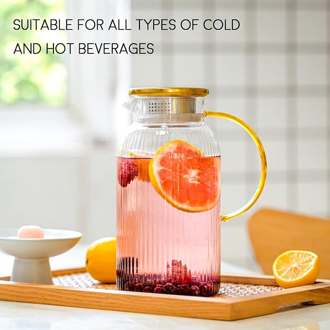 2 PACK Glass Pitcher with Lid and Handle,68 oz/ 2 Liter Vertical Stripes Water Pitcher,Glass Water Carafe for Fridge,Hand Blown Heat Resistant Borosilicate Water Jug for Hot/Cold Drinks,Gifts