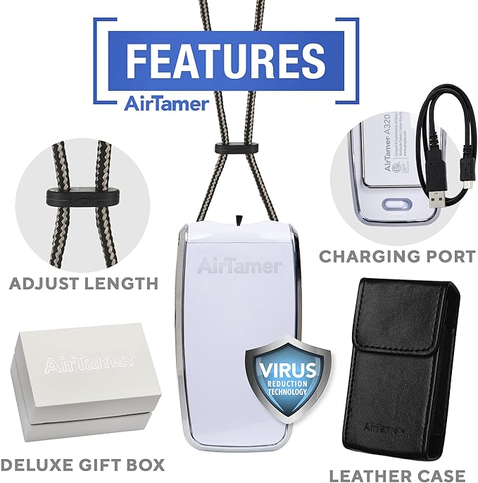 AirTamer A320W Rechargeable Personal Air Purifier, Proven Performance, Virus and Pollutant Tested*, White with Leather Travel Case