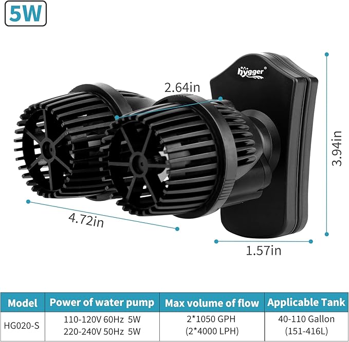 hygger 2100GPH Double Head Aquarium Wave Maker, Quiet 5W Aquarium Circulation Pump, with Strong Magnetic Suction Base, 360°Adjustable Power Head, for 40~110 Gal Tank