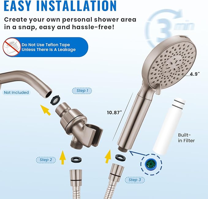 Filtered Shower Head with Handheld, High Pressure 9-Spray Modes Detachable Shower Head with Filter for Hard Water-Remove Chlorine & Impurities, Improve Skin & Hair Health, Brushed Nickel