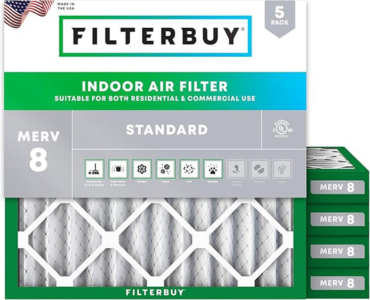 Filterbuy 18x18x2 Air Filter MERV 8 (MPR 700) Dust Defense Replacement (5-Pack), Electrostatic Pleated HVAC AC Furnace Filters, Made in USA (Actual Size: 17.75 x 17.75 x 1.75)