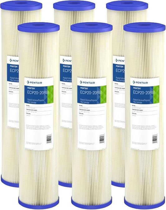 Pentair Pentek ECP20-20BB Big Blue Sediment Water Filter, 20-Inch, Whole House Heavy Duty Pleated Cellulose Polyester Replacement Cartridge, 20" x 4.5", Blue End-Cap, 20 Micron, Pack of 6
