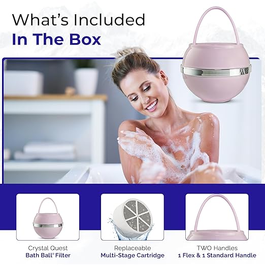 Crystal Quest Bath Ball Water Filter for Bathtub - 3-Stage Filtration, Removes Chlorine, Chloramine & Byproducts, 2,500 Gallons, BPA Free, pH Balanced Water, Fits Most Tubs, Easy Install - Pink