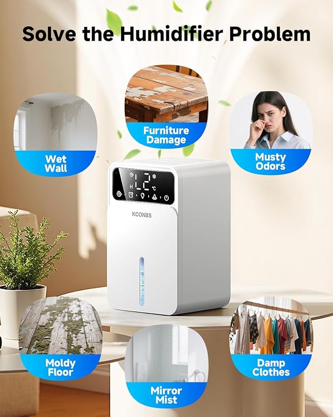 Dehumidifier, Dehumidifiers for Home, 60 OZ Water Tank, 500 sq.ft Dehumidifier for Bathroom, Bedroom, Basement with Auto Shut Off, Timer, 7 Colors LED Light (White)