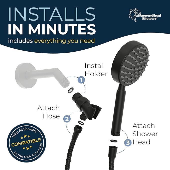 HammerHead Showers® Solid Metal LOW FLOW Handheld Shower Head with Hose and Brass Holder - MATTE BLACK – Water Saving 1.75 GPM Detachable Shower Head - Adjustable Shower Wand Bracket & 6ft Hose