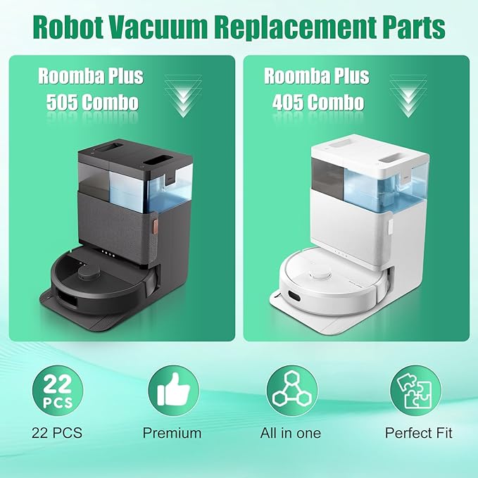 29 Pcs Accessories Kit for iRobot Roomba Plus 505 Combo /405 Combo Robot Vacuum, Replacement Parts Include 2 Roller Brush, 6 Mop Pads, 4 Hepa Filters, 8 Side Brush, 8 Vacuum Bags, 1 Cleaning Tool