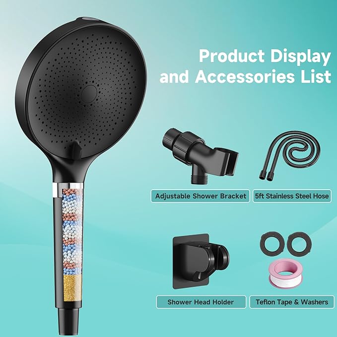 6“ Filtered Shower Head with Handheld, 6-Spray High Pressure Shower Head with Filter for Hard Water, Detachable Handheld Showerhead with Hose and Shower Arm Bracket, Matte Black