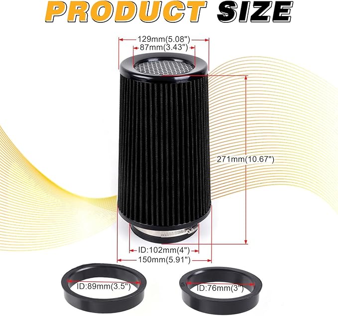 4-Inch Cold Air Intake Filter - Washable, High Performance, 3" or 3-1/2" or 4" Clamp-On Filter Height: 9 In Replacement Cone Air Filter Universal 3 Sizes in 1 (Black)