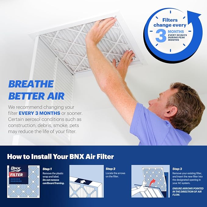 BNX TruFilter 12x30x1 Air Filter MERV 13 (4-Pack) - MADE IN USA - Electrostatic Pleated Air Conditioner HVAC AC Furnace Filters for Allergies, Pollen, Mold, Bacteria, Smoke, Allergen, MPR 1900 FPR 10