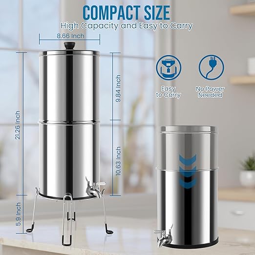 304 Stainless Steel Water Filter with Stand, Gravity Fed Water Filtration System, 2.25 Gallon Capacity with 2 Black Carbon Cartridges, Countertop Purifier for Home, Camping, Emergency Use