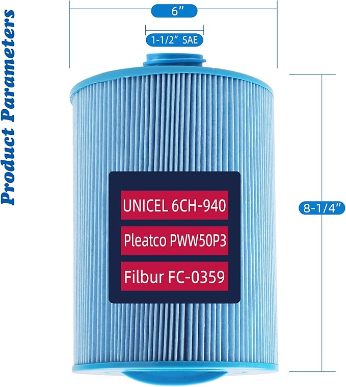 PWW50P3-M Spa Filter, Replaces Unicel 6CH-940RA，Filbur FC-0359M, 817-0050, 25252, 03FIL1400, PWW50P3-M(1 1/2" Coarse Thread),45 sq.ft Screw in Hot Tub Filter,L x OD:7 5/8"x 6" 2 Pack