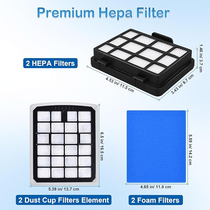 NEN186BL Filter Replacement Compatible with Eureka NEN180 NEN186BL Bagless Canister Vacuum Cleaner, Replaces Part includes 2 HEPA Washable Filters and 2 Dust Cup Filters Element