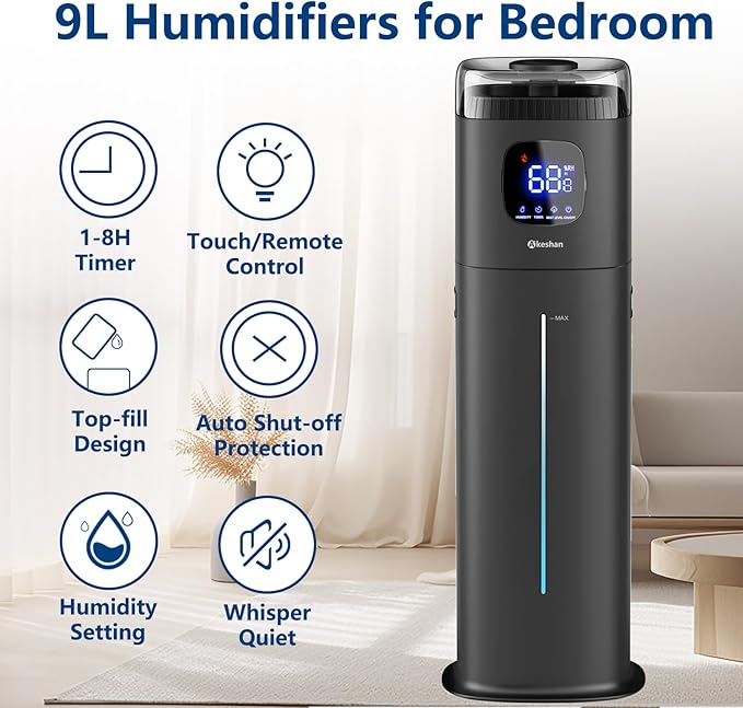 Large Humidifier for Bedroom, 9L/2.5Gal Ultrasonic Cool Mist, Easy Clean with 350ML/H Large Mist Speed, Remote control, Quiet Tower, Suitable for Kids Room Plant Yoga Study Room Office (Black)