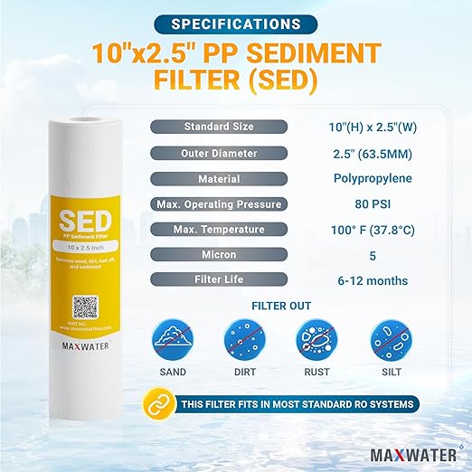Max Water Whole House Water Filter 10 inch Housing for Under Sink RO Water Filtration System w/PP Sediment Water Filter 5 Micron, 3/4 NPT, Wrench + Bracket