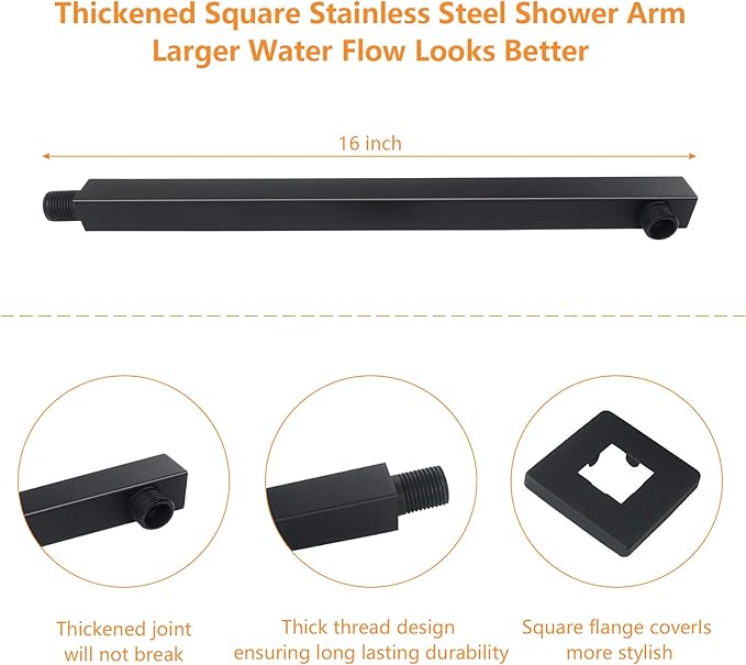 HarJue Shower Head with Extension Arm, High Pressure Square with ShowerArm, Stainless Steel Rainfall -Waterfall Full Body Coverage (12'' Shower with 16'' Arm, Matte Black)