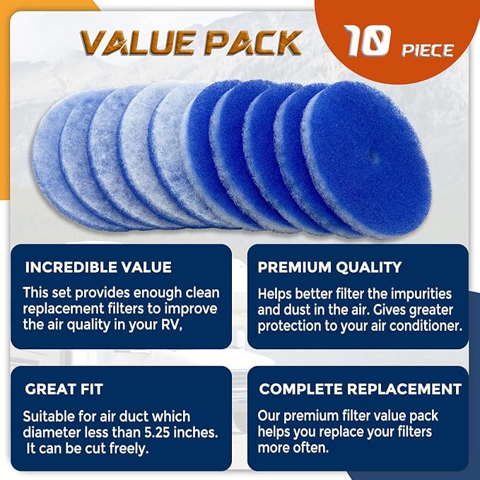 10 Pack RV Air Conditioner Filter 5.25” Round RV AC Filters Replacement with Central Hole MERV 8 Rated RV Vent Filters