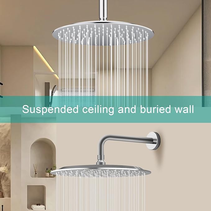 All Metal Rain Shower Head - Heavy Duty Stainless Steel, Easy Install, High Water Flow, Ultra-Thin Modern Design for Bathroom (Chrome, 12)