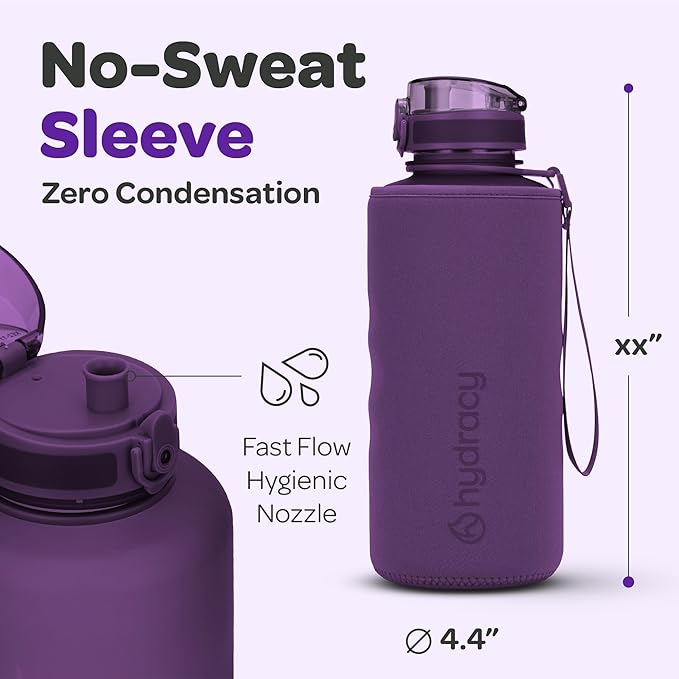 Hydracy Water Bottle with Time Marker -Large BPA Free Water Bottle & No Sweat Sleeve -Leak Proof Gym Bottle with Fruit Infuser Strainer & Times to Drink -Ideal for Fitness Sports & Outdoors
