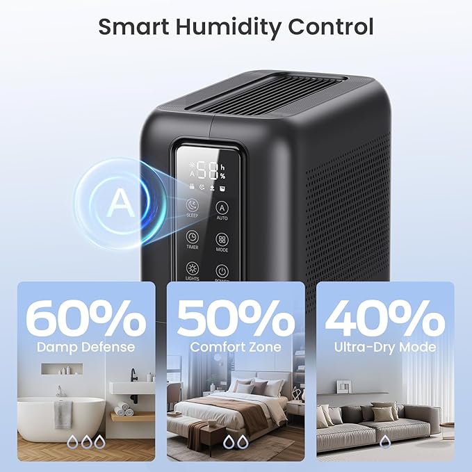 Dehumidifiers for Bathroom with Moisture Absorber Bag Reusable, 68 OZ Water Tank Portable Quiet Dehumidifier for Bedroom with Auto Shut Off, 7 Colors LED Light for Home, RV, Garage, apartment, Black