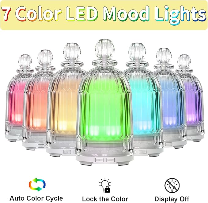 Glass Essential Oil Diffuser, Aroma Diffusers with Glass Cover & Plastic Reservoir Small Humidifiers with 7 Color LED Lights Auto-Off for Home Office Bedroom Yoga 120ml(White Bottom)