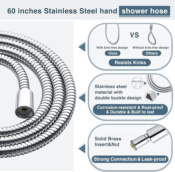 BRIGHT SHOWERS Rain Shower Head with Handheld Spray, 8 Inch High Pressure Rainfall Shower Head Combo with 60” Hose, Adjustable Dual Square Showerhead with 3-Way Diverter, Wall Bracket, Chrome
