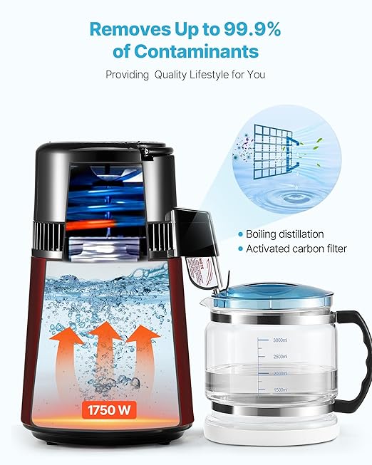 VEVOR Water Distiller, 4L 1.1 Gallon Pure Water Purifier Filter for Home Table Countertop, 1750W Distilled Maker with Glass Pot, Stainless Steel Interior Drinking Machine to Make Clean Waters, Red