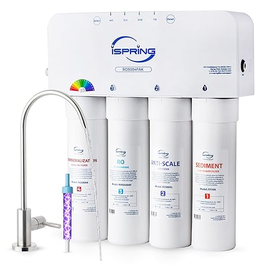 iSpring RO5004F-AK Alkaline Reverse Osmosis Water Filter with UV, 500 GPD, pH+, 2:1 Pure to Drain Tankless Remineralization RO System Under Sink with Boost Pump, Filter Life Monitor, Reduces PFAS, TDS