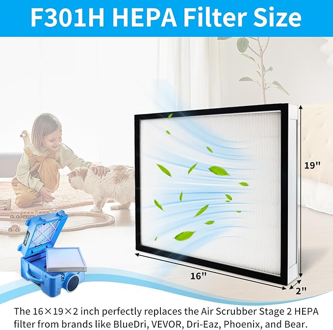 AS-550 F301H HEPA Filter, Compatible with BlueDri Air Scrubber Stage 2 HEPA 550 Air Filter, 16x19x2. Shield 550 HEPA Air Scrubber Filter Replacement, Suitable for VEVOR, Dri-Eaz, and Phoenix, 2-Pack