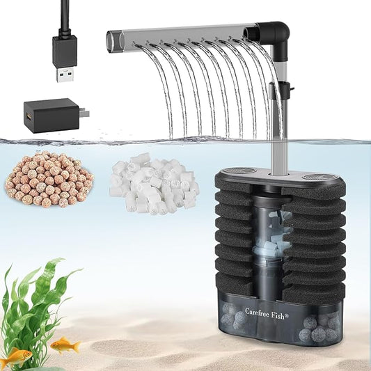 Carefree Fish Aquarium USB Sponge Filter Quiet for 10~30Gal Fish Tank for Saltwater and Freshwater with Biochemical Filtration Balls and Fluidized Beds