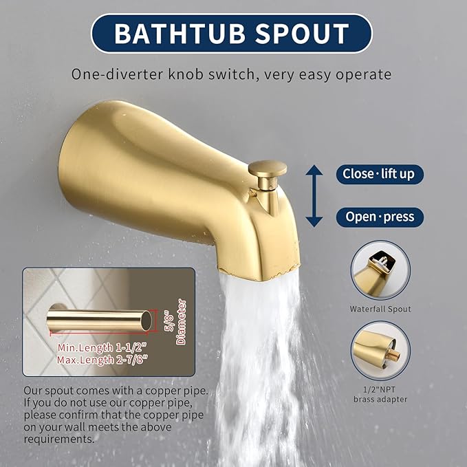 Tub and Shower Faucet Set Complete Dual Shower Head and Handheld 2 in 1 Combo Set Shower System with Tub Spout Tub and Shower Trim Kit Brushed Gold