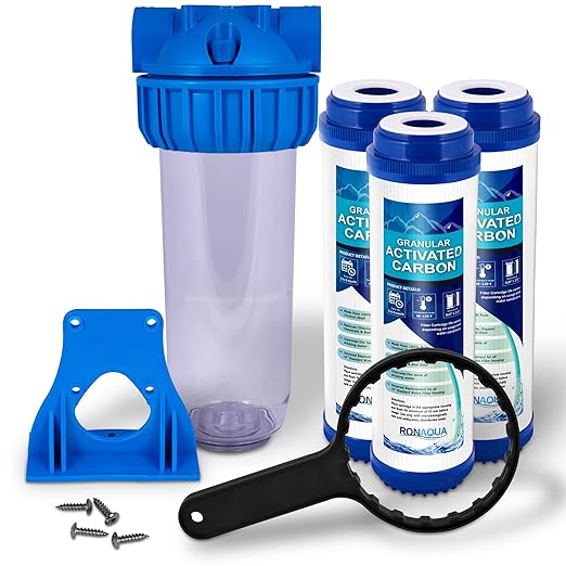 10 Inches Transparent Standard Whole House Water Filter System with Presser Relief Valve, 3/4” Inlet/Outlet Brass Port and Yearly Supply 3 Granular Activated Carbon Cartridges
