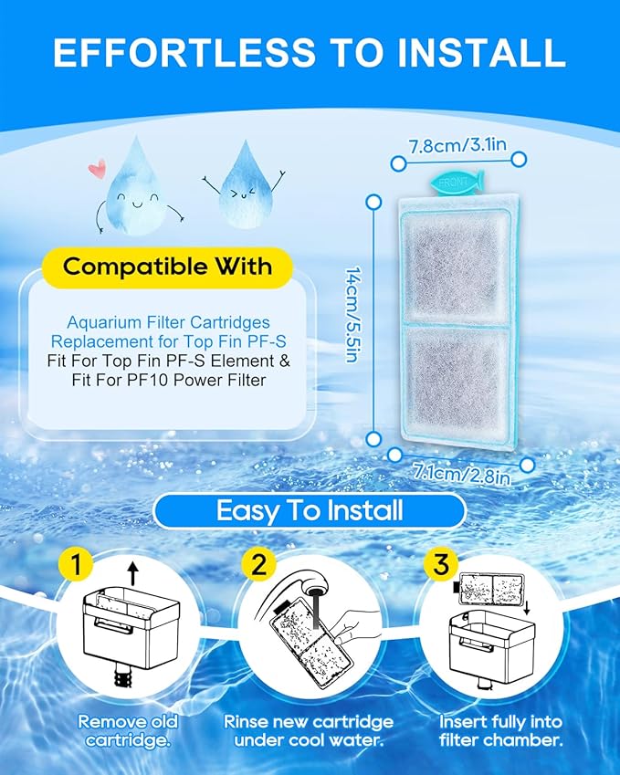6 Pack Filter Cartridge Compatible with Top Fin PF-S Filter Cartridge, Upgraded PF-S Fish Tank Filters Compatible with Top Fin PF10 Power Filters, Activated Carbon & Zeolite for Clean Water