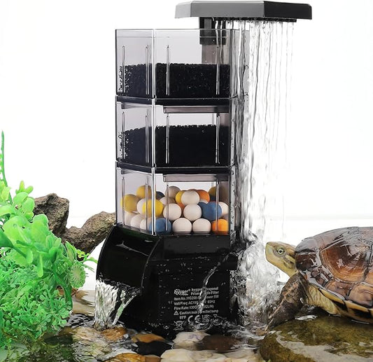 hygger Turtle Tank Filter with Adjustable Flow for Reptiles Frogs:Combinable Four-Layer Aquarium Filter,130GPH Quiet in-Tank Filter with Filter Media for 10 to 40 Gallon Low Water Level Aquarium