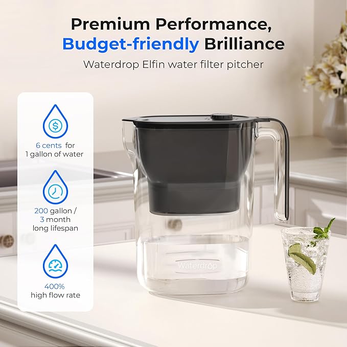 Waterdrop Water Filter Pitcher, 200-Gallon Long-Life, Countertop NSF Certified Water Purifier, Replaces 6,400 Plastic Water Bottles a Year, Reduces Chlorine, PFOA/PFOS, 7-Cup, Black