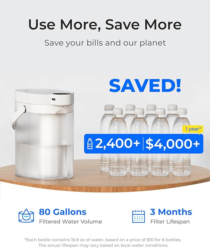 Waterdrop Alkaline Rechargeable Water Filter Dispenser, 6-Stage Instant Electric Powerful Pitcher, Healthy Mineralized Alkaline Water, 15-Cup Portable Countertop System, Does not Lower TDS