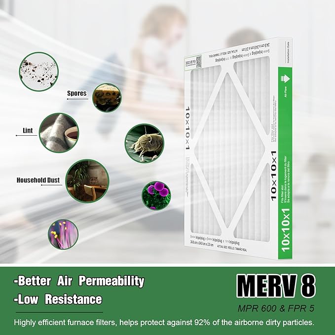 10x10x1 Air Filter 6 Pack, Durable MERV 8 Pleated Home HVAC AC Furnace Filters, Lightweight Compact Air Conditioner Filter Replacement