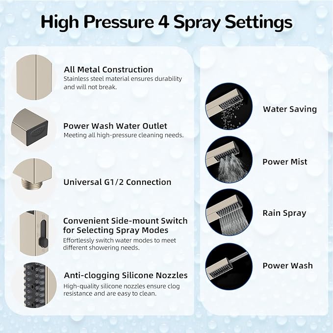 Hibbent All Metal 8'' Rainfall Shower Head, Shower Head Combo, High Pressure Handheld Shower Wand, 4 Sprays, 16'' Adjustable Arc-shaped Extension Arm, 71'' Hose, Showerhead Holder, Brushed Nickel