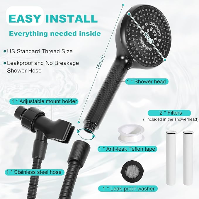 Filtered Shower Head with Handheld, 8+2 Modes High Pressure with Multi-Stage Filter Beads for Hard Water - Gentle on Skin & Hair, Long Stainless Steel Hose, Overhead Brackets, G1/2 Universal (Black)