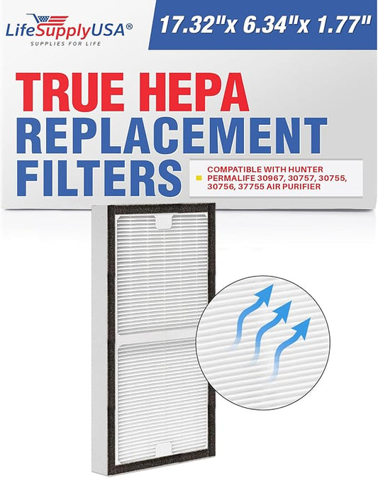LifeSupplyUSA True HEPA Filter Replacement Compatible with Hunter Permalife 30967, 30757, 30755, 30756, 37755 Air Purifier