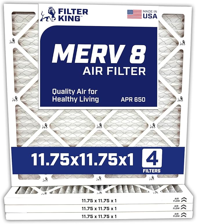 Filter King 11.75x11.75x1 Air Filter | 4-PACK | MERV 8 HVAC Pleated A/C Furnace Filters | MADE IN USA | Actual Size: 11.75 x 11.75 x .75"