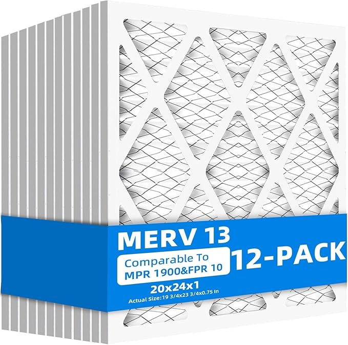 (12 Pack) 20x24x1 Furnace Air Filters, MPR 1900 & FPR 10, MERV 13 Pleated Air Filter (Actual Size: 19.75" x 23.75" x 0.75")