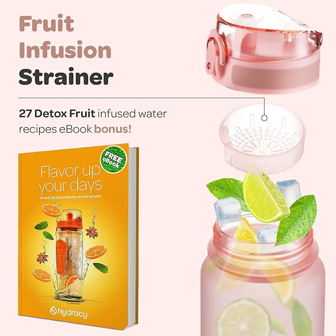 Hydracy Water Bottle with Time Marker -Large BPA Free Water Bottle & No Sweat Sleeve -Leak Proof Gym Bottle with Fruit Infuser Strainer & Times to Drink -Ideal for Fitness Sports & Outdoors