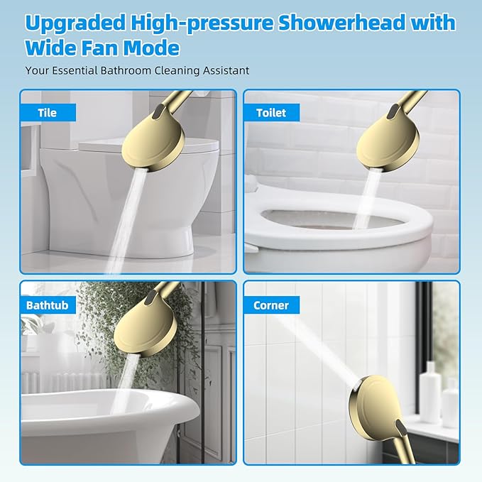 Hibbent All Metal Shower Head, 10'' High Pressure Rainfall Shower Head/Handheld Gold Showerhead Combo with 12'' Adjustable Shower Extension Arm, 10-Spray, 71'' Hose Showerhead Holder, Polished Brass