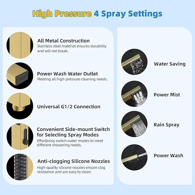 Hibbent All Metal Shower Head, 10'' High Pressure Rainfall Shower Head, Showerhead Combo, Handheld Shower Wand, 12'' Adjustable Curved Shower Extension Arm, 71'' Hose, Shower Holder, Brushed Gold