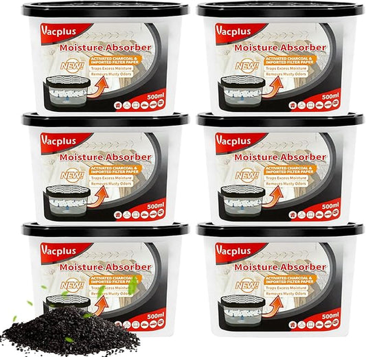 Vacplus Moisture Absorbers 6 Pack, 10.5 Oz Portable Humidity Absorber Boxes for Your Bathroom, Closet & Car, Dehumidifier with Activated Carbonfor, Black