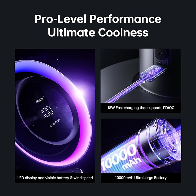 Jisulife Table Fan Pro3, 3-IN-1 Turbo Oscillating Fan with Air Purifier and RGB Light, H11 HEPA Filter, 100-Speed Adjustable, 10000mAh Rechargeable Battery, Powerful Airflow for Desktop/Office/Bedroom