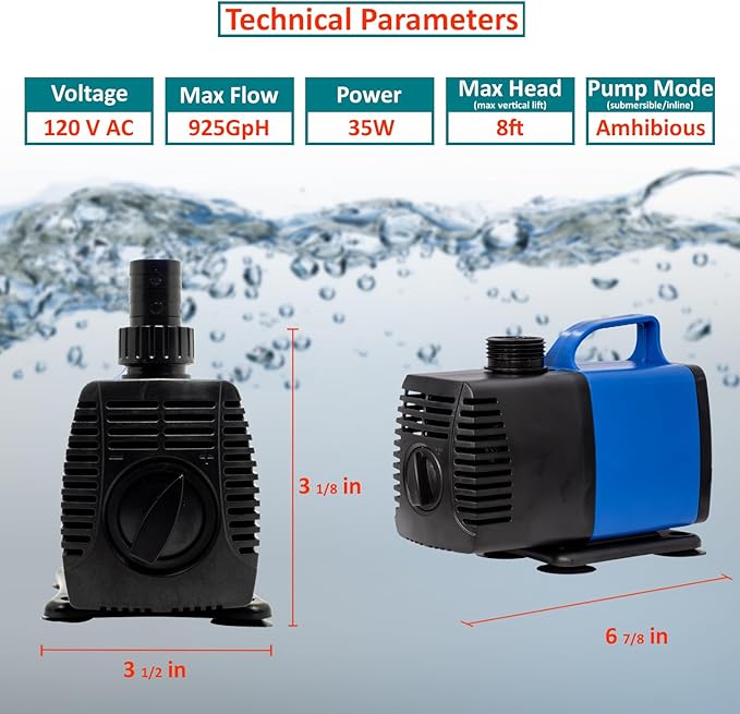920 GPH Submersible Pump(3500L/H,35W) Ultra Quiet Adjustable Amphibious Internal External Water Pump for Pond,Aquarium,Fish Tank,Fountain,Hydroponics,Statuary,Sump Pump - 3 Pcs