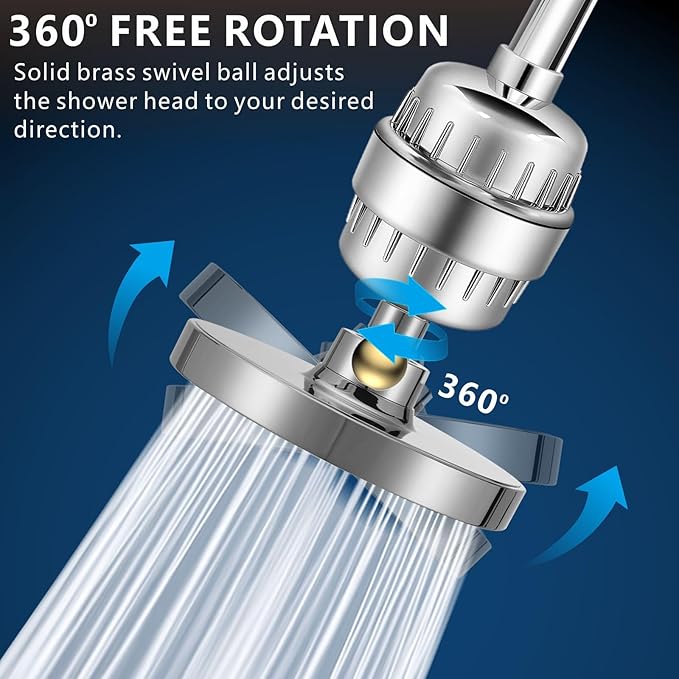 Voolan Filtered Shower Head Set, High Pressure Rain Shower with Handheld Showerhead Combo, Self-adhesive Holder/59" Hose, 20 Stage Filter Removes Chlorine and Harmful Substances (Round, Chrome)